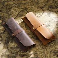 Vintage Genuine Leather Pencil Case Holder Handmade Zipper Pen Pouch Portable Cosmetics Stationery Bag for Office Work & Travel