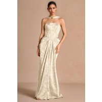Cream Jacquard Strapless Evening Gown High Neck Halter Collar Structured Corset Bodice with Draped Mermaid Skirt Customized