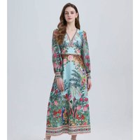 Holiday Gorgeous Flower Long Dress Women Clothing Chiffon Lantern Sleeve V-Neck Floral Print High Waist A-Line Party Vestidos