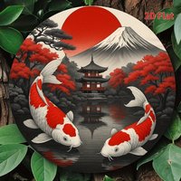 2D Flat Metal Wall Art, Koi Fish & Mt Fuji with Japanese Pagoda, Red White Koi in Serene Landscape, 1 Piece Iron Sign for Home O