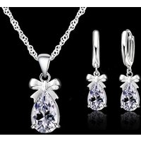 New Gift Set 925 Real 925 Sterling Silver With White Stone Cubic Zirconia Dangle Earring Pendant Necklace Woman Jewelry Set