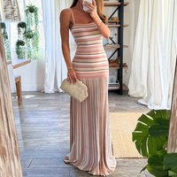Vintage Stripe Printed Halter Knitted Dress Summer Hollow Out Sleeveless Slim Maxi Dress Elegant High Waist Lady Party Dresses