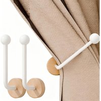 2-Pack Modern Adhesive Curtain Holdbacks No Drill Wall Mounted with FAS Walnut Wood Base - Heavy Duty Adhesive Panels
