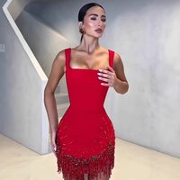 Women New Bandage Dress Sexy Spaghetti Strap Fringe Rhinestone Mermaid Maxi Gown Elegant European American Evening Party Formal