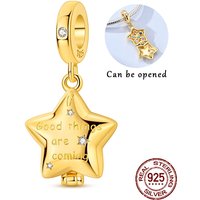 925 Sterling Silver Golden Openable Star Dangle Charm Colorful CZ Stones Fit Bracelets Lucky Wish Jewelry Gift for Women Girls