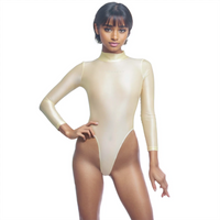 AMORESY Women's Shiny Glossy One Piece Swimsuit See Through Spandex Tight-fitting Long Sleeve Casual Swimwear Leotards