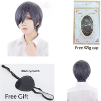 Anime Black Butler Kuroshitsuji Ciel Phantomhive Wigs Grey Blue Mix Short Synthetic Hair Cosplay Wig + Black Eyepatch+ Wig Cap