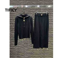 High Street Two Piece Set Women's Autumn New Half Zipper Collar Knitted Long Sleeve Long Skirt with Irregular Buckle Pendant Set