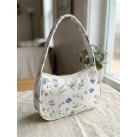 Trendy Delicate Blue Floral & Butterfly Print Shoulder Bag, Fresh Beige Corduroy Underarm Bag