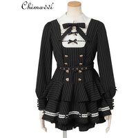 Japanese Liz Set Spring New Cute Doll Collar Butterfly Belt Heart Buckle Striped Long-sleeve Top Shorts Lolita Womens 2piece Set