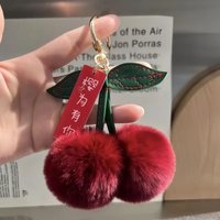 Adorable Plush Fluffy Red Rabbit Fur Pom Pom Leaf Keychain Cherry Key Fob Bag Car Key Accessories Decorative Charm Gift