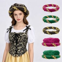 2026 Green Renaissance Era Flared Earband Headscarf Hat for Women,Velvet Medieval headpiece headband with gold border Cap Unisex