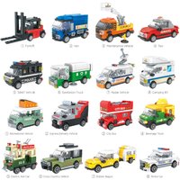 MOC City Mini Car Model Micro Building Blocks Forklift Radar Vehicle Van Taxi Bus Beverage Truck Bricks Toys Kids Gift