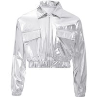 Teen Boys Girls Metallic Shiny Jacket Long Sleeve Zipper Outwear with Flap Pockets Hip-Hop Jazz Dance Jacket Disco Streetwear