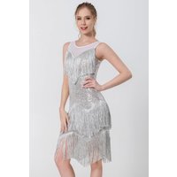 Women's Silver Sequin Fringe Latin Dance Dress Sleeveless Mesh Patchwork Sparkly Performance Party Dress
