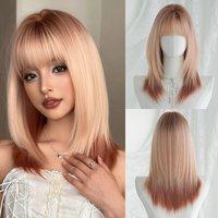 Shoulder Length Straight Pink Ombre Copper Wig for Women Synthetic Layered Modest Fashion Wear and Go Wigs with Dark Roots