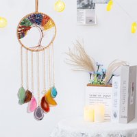 Tree of Life 7 Chakra Stone Dream Catcher Healing Crystal Gift, Room Decoration for Women Hanging Curtains Car Room Decor