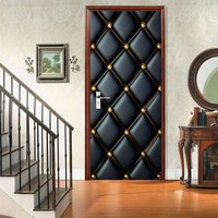 A Pair of Black Leather Door Decals with Golden Lines, Glossy Door Stickers for Decoration, a Removable Diamond Grid Mural, Text