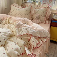 French-style small floral ruffled edge washed cotton bedding set - princess style double-layered chiffon brushed sheet set