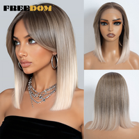 FREEDOM Short Bob Synthetic Lace Wigs For Women 12" Pre Plucked Pre-Cut Ombre Brown Blonde White Lace Wig Highlight Cosplay Wigs