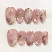 10pcs Glossy Cat Eye False Nails Pink Gradient Fake Nails Gold Foil Chrome Stick on Nail Sweet Pearl Simple Almond Press on Nail