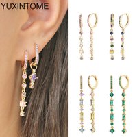 925 Sterling Silver Needle Colorful Crystal Long Chain Tassel Hoop Earrings For Women Geometry Pendant Earrings Luxury Jewelry