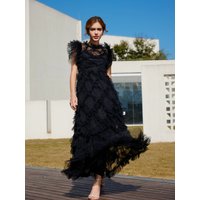 WEIN Vintage Ruffle Patchwork Polk Tulle Cascading Dresses, Floor Long, Chic Party , Runway, V Half high collar , High Quality