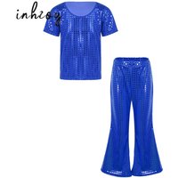 Kids Boys Girls Hip Hop Jazz Street Dance Outfits Shiny Sequins Elastic Waistband Trousers T-shirt Top Set Performance Costume