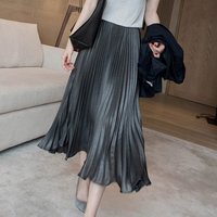 2025 Vintage Silver Black Skirt Metal Solid Flared Maxi Skirt Beach Midi Pleated Skirts High Waist Female Quality Women Saia