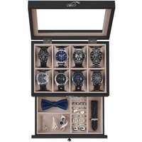SONGMICS Uhrenbox Uhrenkasten, mit 8/12 Fächern, aus Massivholz, Glasdeckel