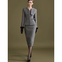 Elegant Grey Business Suit Set Woolen Skirt Two-Piece Set for Commuting Autumn Winter Style High Waist Collar Button up