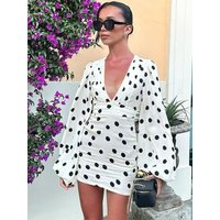 Hugcitar Elegant Polka Dot Print V Neck Long Sleeve Ruched Sexy Bodycon Mini Dress Spring Autumn Women Clothes Birthday Party