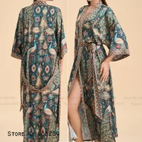 Print Flower Female Long Robe Nightgown Home Dress Half Sleeve Kimono Bathrobe Gown Loose Casual Silk Satin Loungewear Pajama