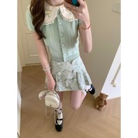 Summer New Sweet Green Floral Pleated Skirt And Top Set Women's Fashion Ensemble Short Sleeve Doll Collar Spring Summer