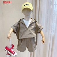 Summer Kids Clothes Korean Children's Clothing Baby Boy Suit Short-sleeved Fake Two-piece Hoodie + Shorts 2 Pcs Set 2-9 Years