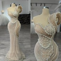 Elegant Pearls Evening Dresses Beading Prom Dress Rhinestone One Shoulder Slim Sleeveless Mermaid Party Gowns Vestidos De Noche