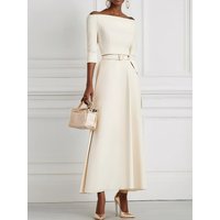 Women Off Shoulder Three Quarter Sleeve Belted A Line Midi Dress Elegant Evening Party Prom Gown With High Waist