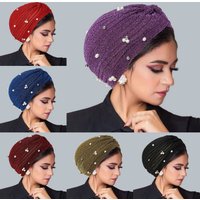 2024 New Ramadan Muslim Hijab Caps Solid Color Beads Wrap Head Turban Bonnet Fashion Indian Hat Headdress Wearable