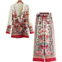 2 Piece Set Women Blazer Jacket With Belt Wide Leg Pant Suit Retr Flowe Print Fashion Blazer Suit Coat+ Pants Lady Pajamas Suit