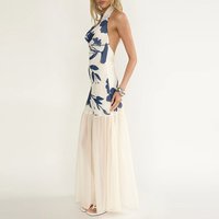 Elegant Swinging Collar Pleated Evening Dress Summer High Waist New Women's Dress Vintage Plant Printed Sleeveless Spliced Dress