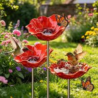Metal Flower Bird Bath Garden Stake Decoration Ground Insert Bee Watering Station Butterfly Water Feeder Drinking Cup for Garden