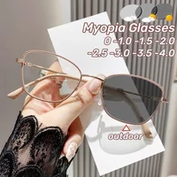 Fashion Metal Frame Cat Eye Myopia Glasses Photochromic Small Frame Near Sight Eyewear Anti Blue Light Minus Diopter Glasses