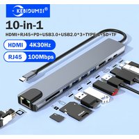 KEBIDUMEI 10-in-1 USB C Docking Station USB 3.0 HUB Type C to HDMI Adapter with RJ45 Ethernet Interface USB Splitter OTG Adapter