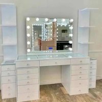 Luxurious modern bedroom furniture with LED mirrors, wooden bookshelves, storage shelves, and drawers