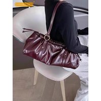 Elegant Women Underarm Bag Pleated Hasp Hobos Office Ladies Work Shoulder Bag Vintage Cow Split Leather Bags New Totes Handbag