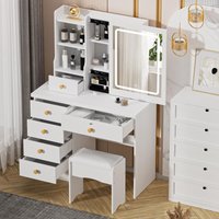 Vanity Table with Adjustable Sliding Lighted Mirror, Dressing Table Set with 6 Drawers And Storage Shelves,with Cushioned Stool