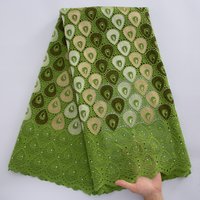 High Quality African Green Cotton Lace Fabric, Swiss Voile with Rhinestones & Water Drop Embroidery, for Nigerian Party Dresses