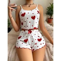Women's Heart Print Pajama Set 2PCS Soft Ribbed Tank Top and Shorts Lightweight Sleepwear Loungewear S M L