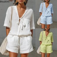 New Women's Blouse Sets 2026 Summer Solid Casual Lace Up Cardigans Tops and High Waist Wide Leg Shorts 2-piece Sets Female Suits