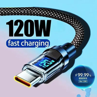120W 6A Super Fast Charging Cable USB-C Type-C Nylon Braided With LED Digital Display Phone Data Cord For Samsung Xiaomi Huawei